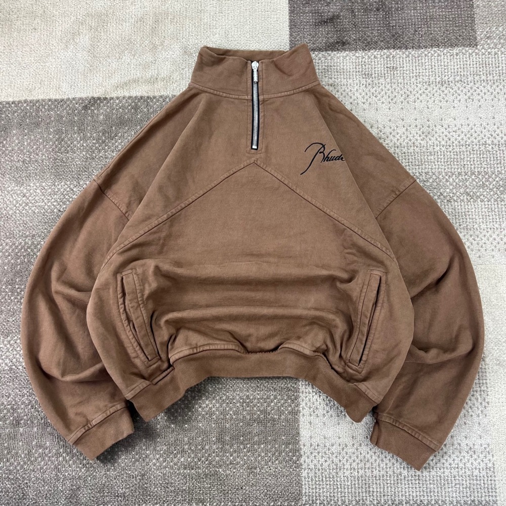 Rhude Mens Brown Quarter Zip Script Logo Fleece Pullover Sweatshirt Size M